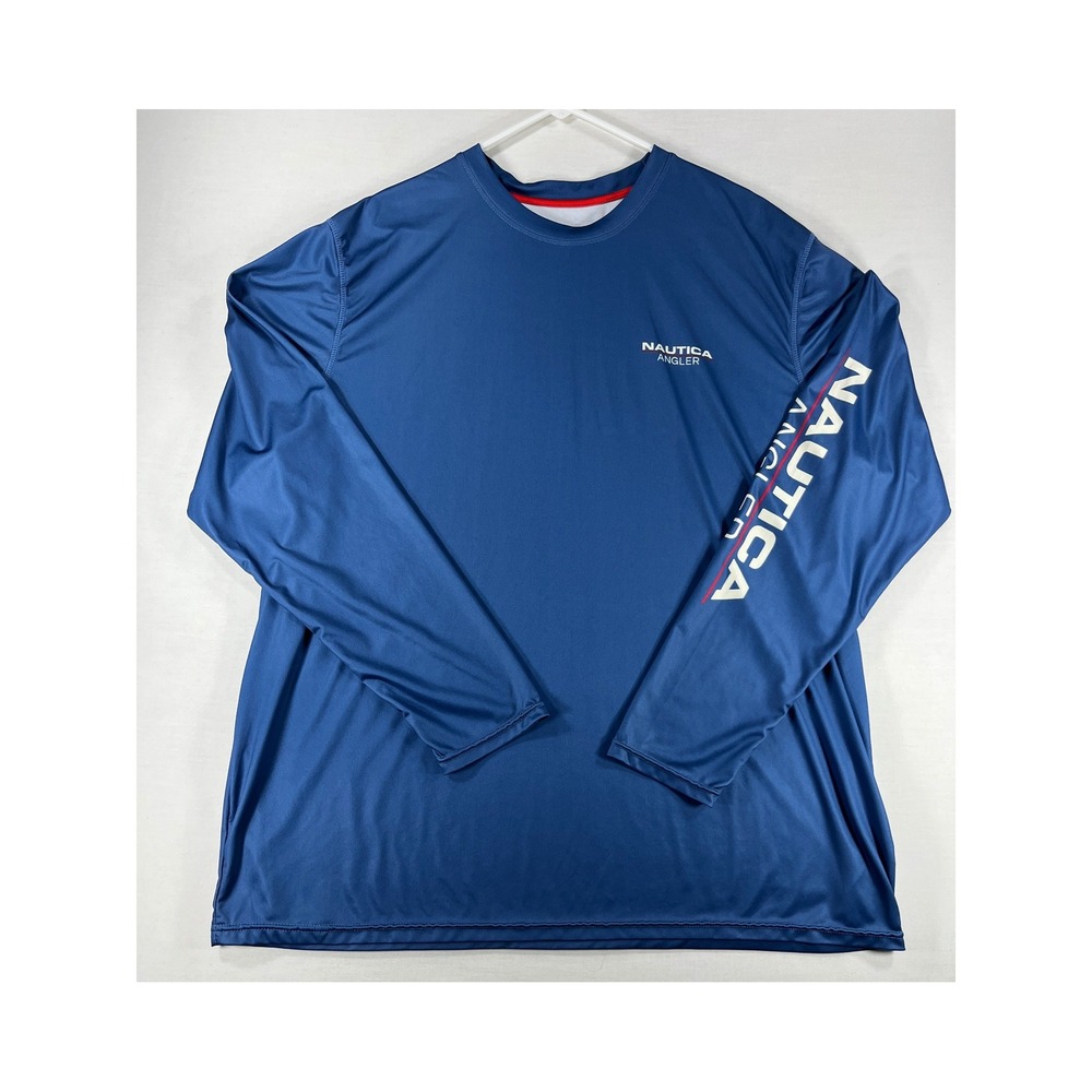 Nautica Angler Mens XXL Blue Long Sleeve Fishing Shirt American Flag Marlin Logo